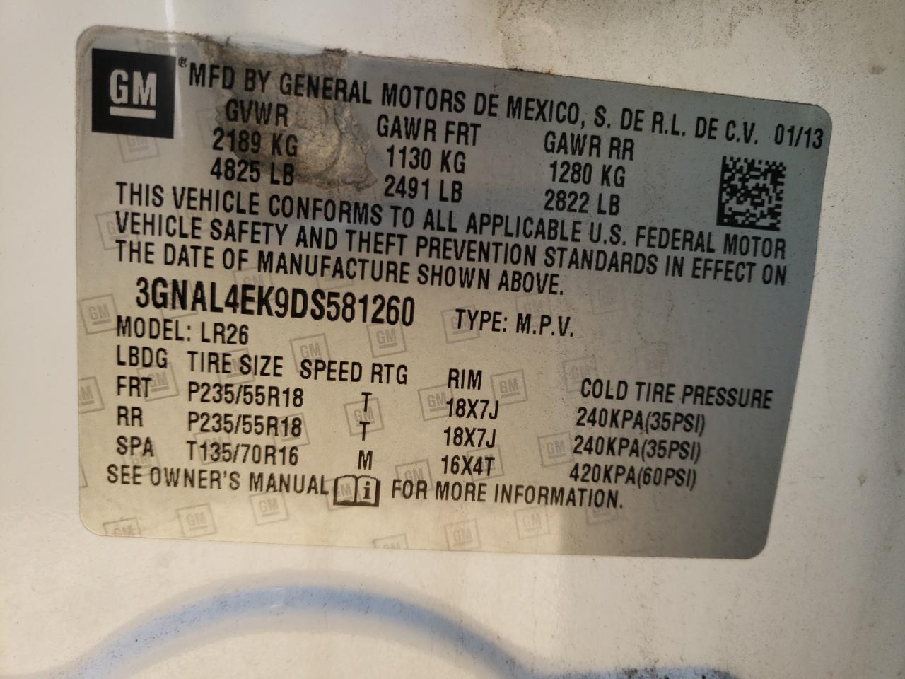 Photo 10 from auction – 2013 CHEVROLET CAPTIVA LT with VIN 3GNAL4EK9DS581260
