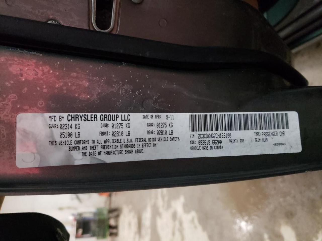 Photo 10 from auction – 2012 DODGE CHARGER SX with VIN 2C3CDXHG7CH126100