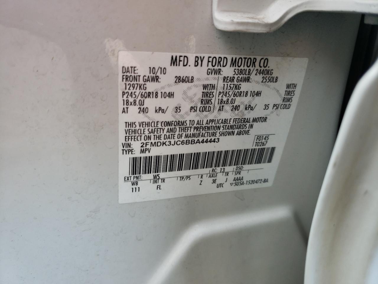 Photo 10 from auction – 2011 FORD EDGE SEL with VIN 2FMDK3JC6BBA44443