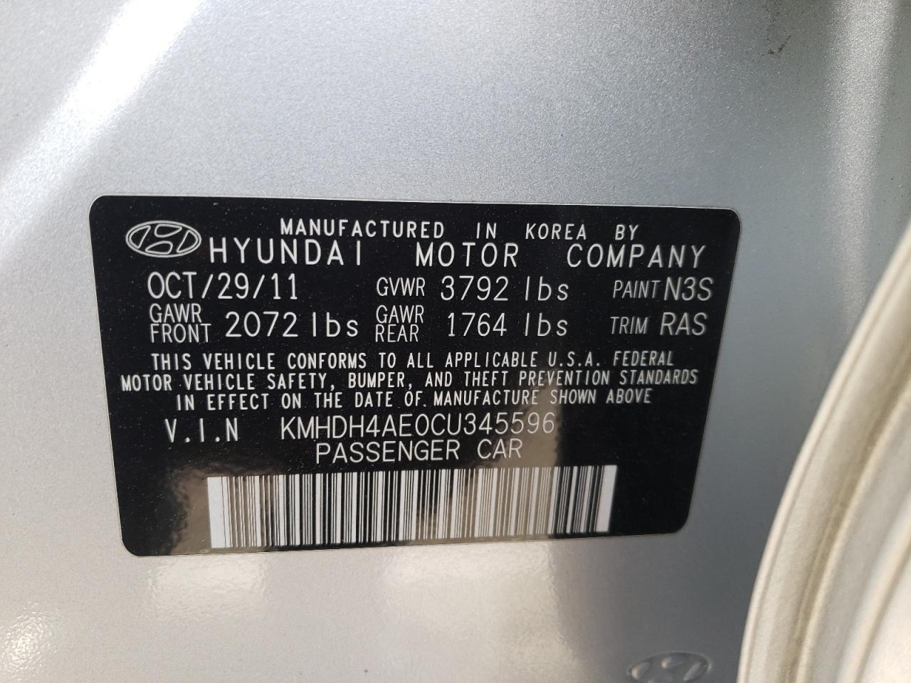 Photo 10 from auction – 2012 HYUNDAI ELANTRA GL with VIN KMHDH4AE0CU345596