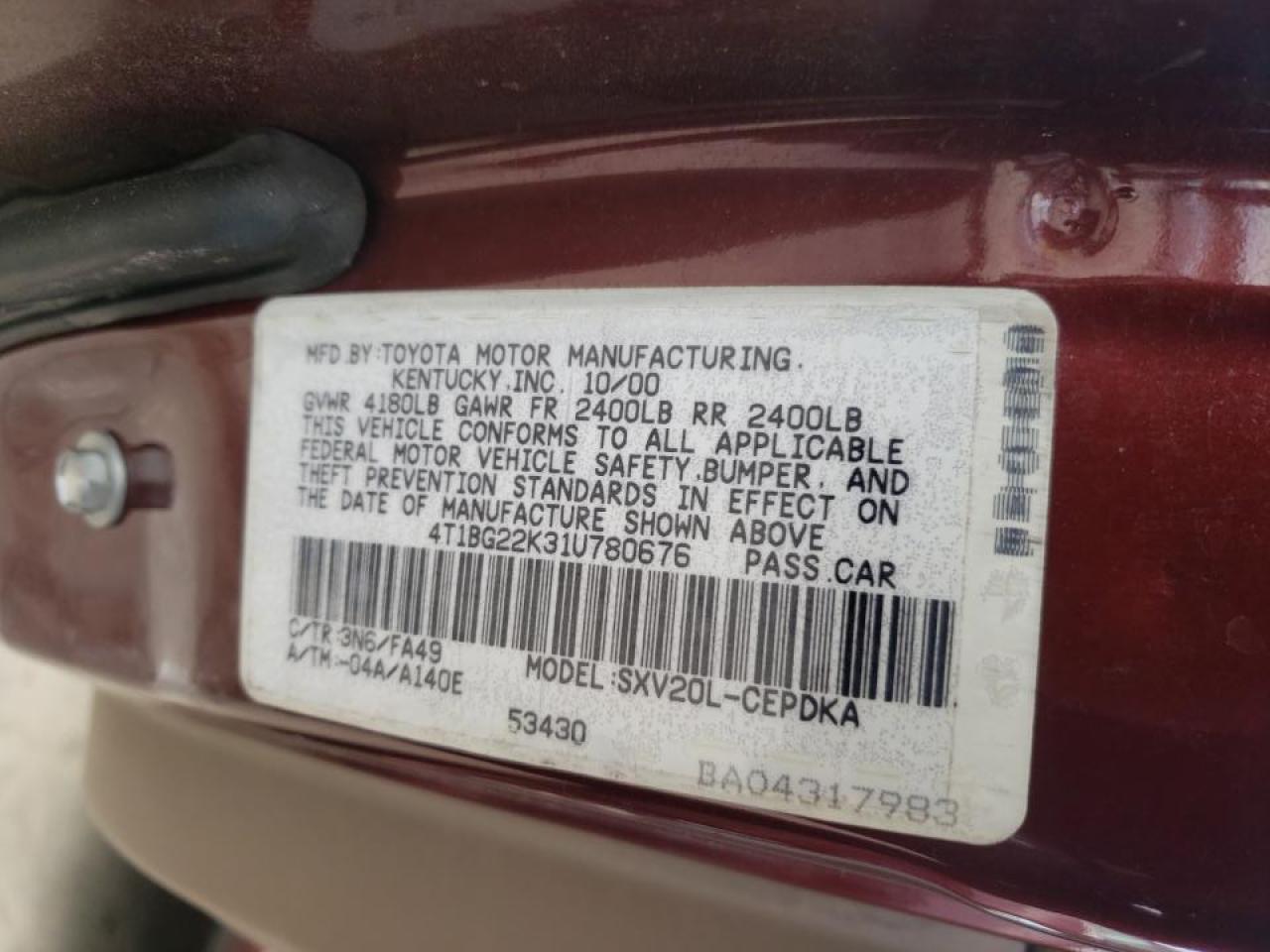 Photo 10 from auction – 2001 TOYOTA CAMRY with VIN 4T1BG22K31U780676