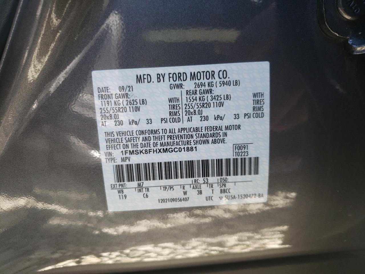 Photo 10 from auction – 2021 FORD EXPLORER L with VIN 1FMSK8FHXMGC01881