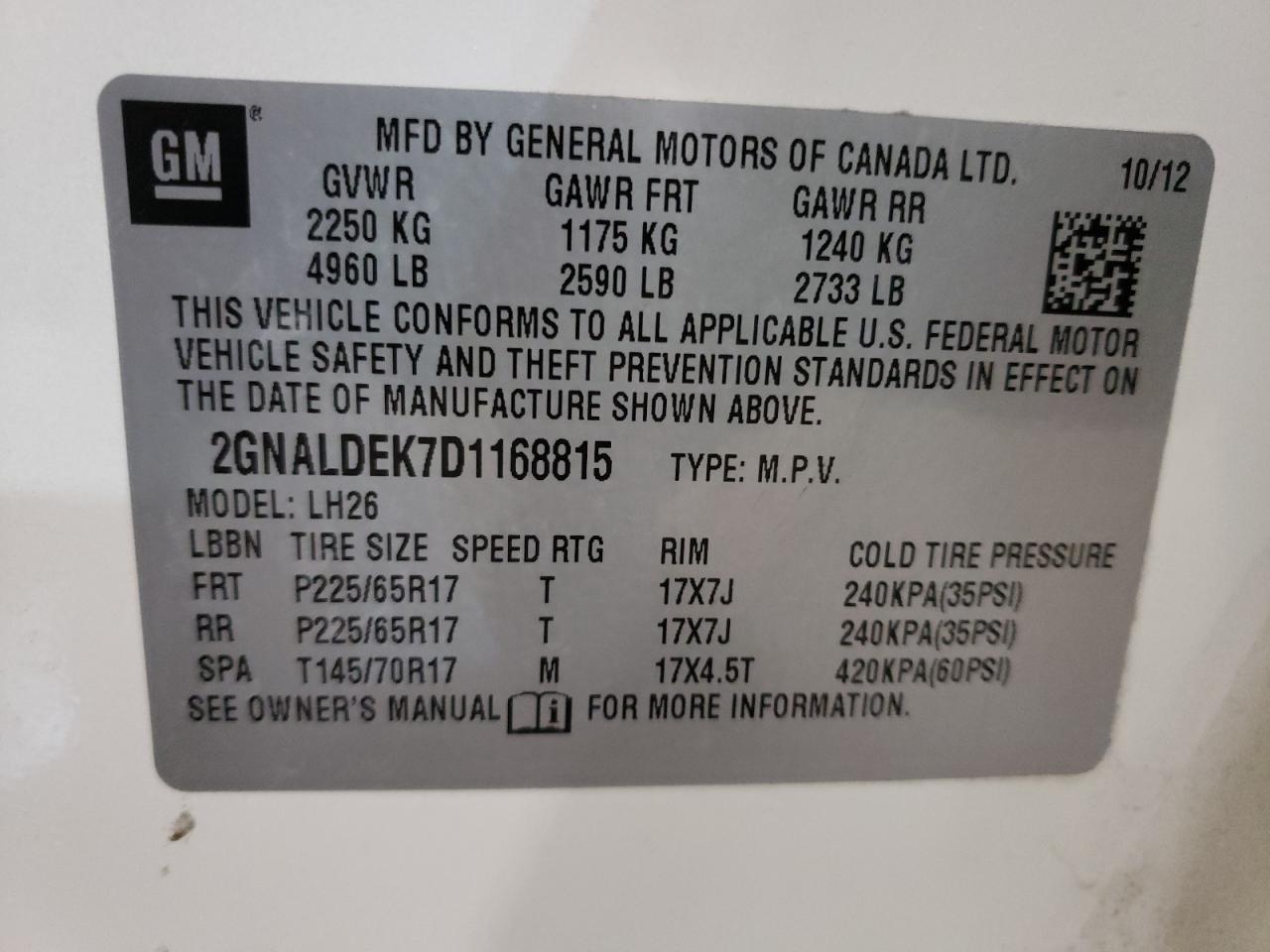 Photo 10 from auction – 2013 CHEVROLET EQUINOX LT with VIN 2GNALDEK7D1168815