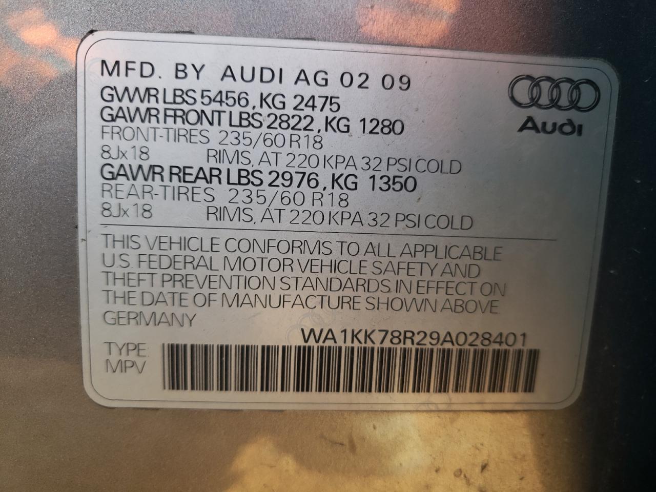 Photo 10 from auction – 2009 AUDI Q5 3.2 with VIN WA1KK78R29A028401