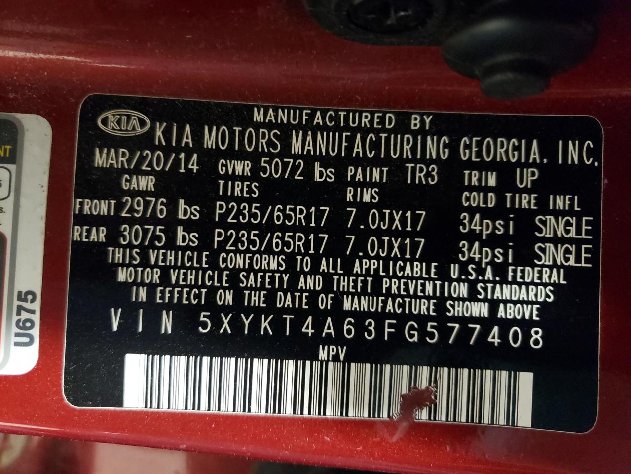 Photo 10 from auction – 2015 KIA SORENTO LX with VIN 5XYKT4A63FG577408