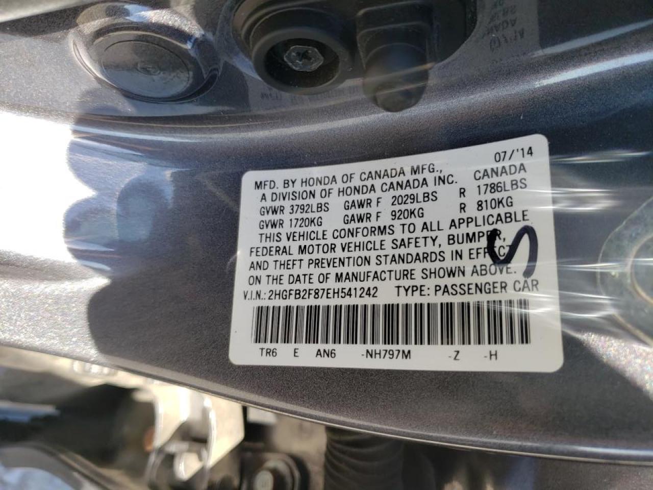 Photo 10 from auction – 2014 HONDA CIVIC EX with VIN 2HGFB2F87EH541242