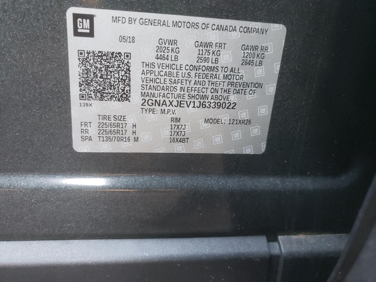 Photo 10 from auction – 2018 CHEVROLET EQUINOX LT with VIN 2GNAXJEV1J6339022