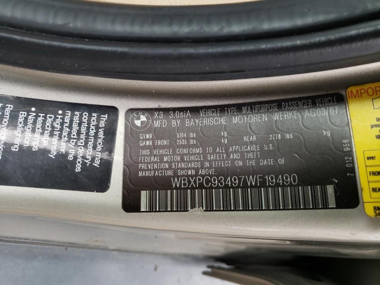 Photo 10 from auction – 2007 BMW X3 3.0SI with VIN WBXPC93497WF19490