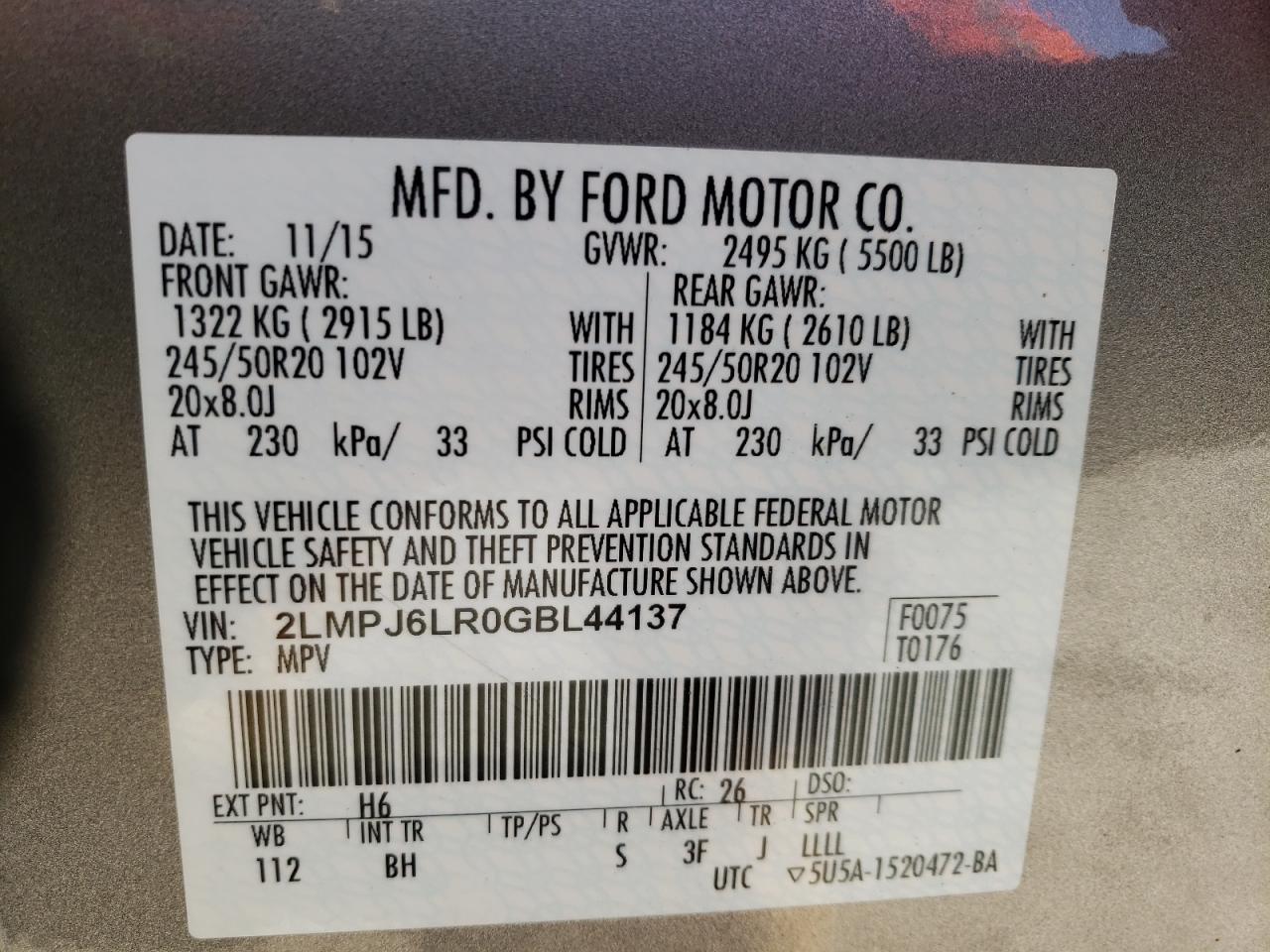 Photo 10 from auction – 2016 LINCOLN MKX RESERV with VIN 2LMPJ6LR0GBL44137