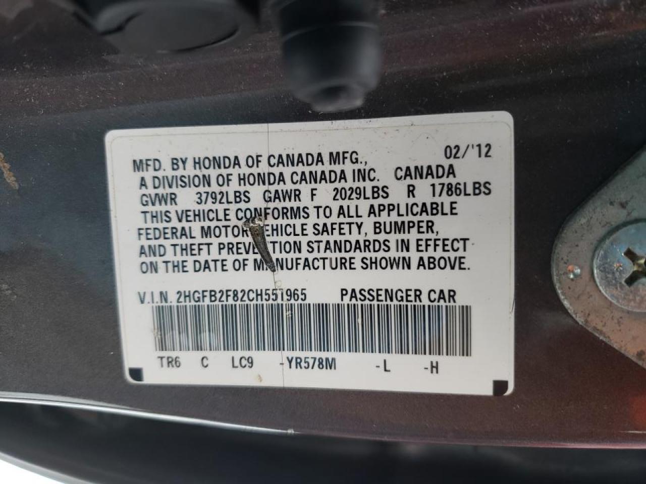 Photo 10 from auction – 2012 HONDA CIVIC EX with VIN 2HGFB2F82CH551965