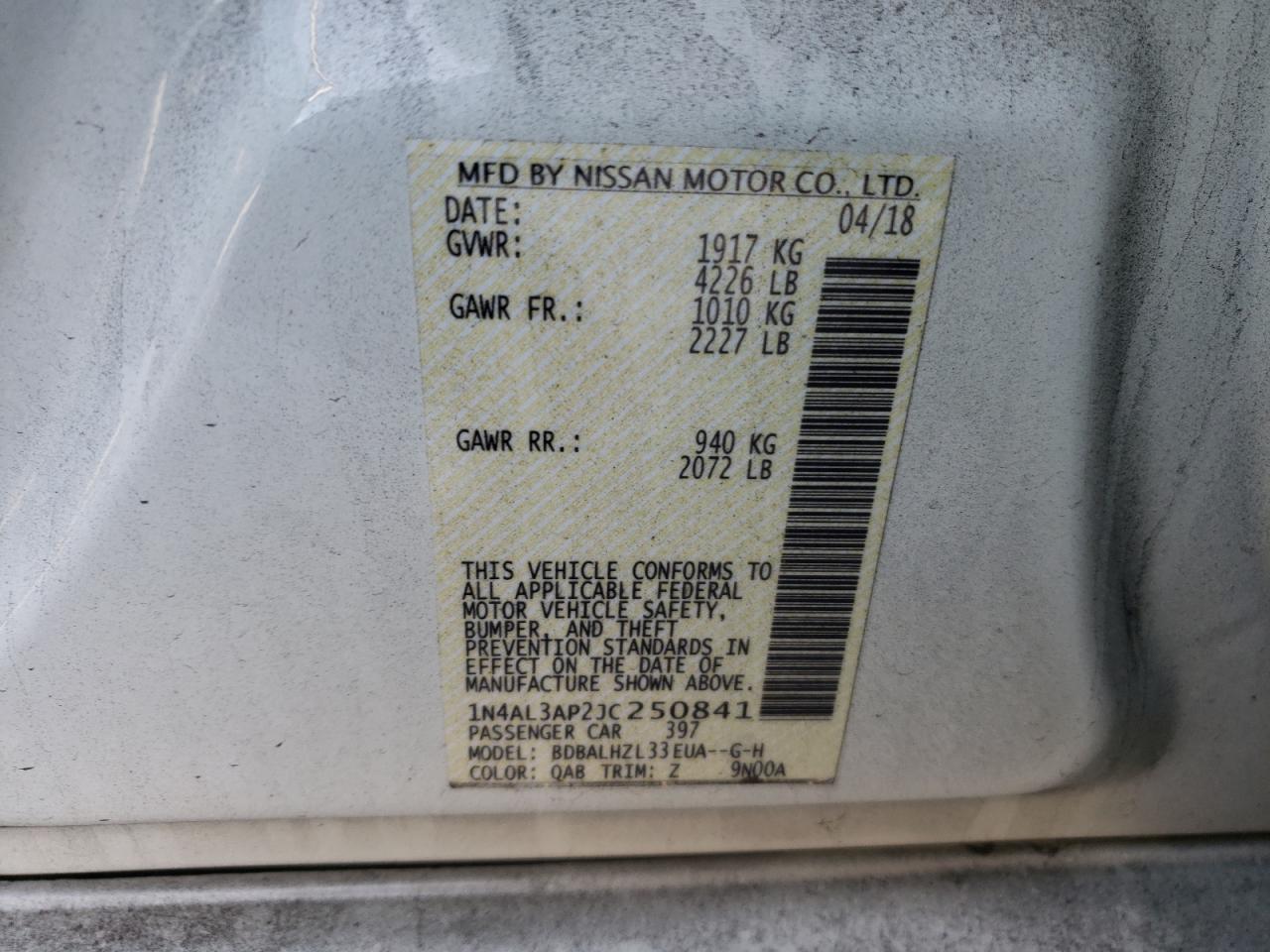 Photo 10 from auction – 2018 NISSAN ALTIMA 2.5 with VIN 1N4AL3AP2JC250841