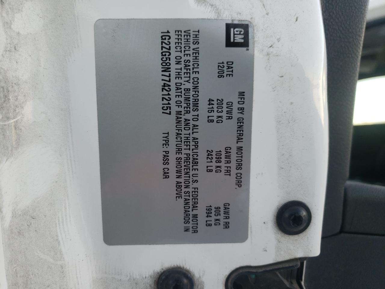 Photo 10 from auction – 2007 PONTIAC G6 BASE with VIN 1G2ZG58N774212157