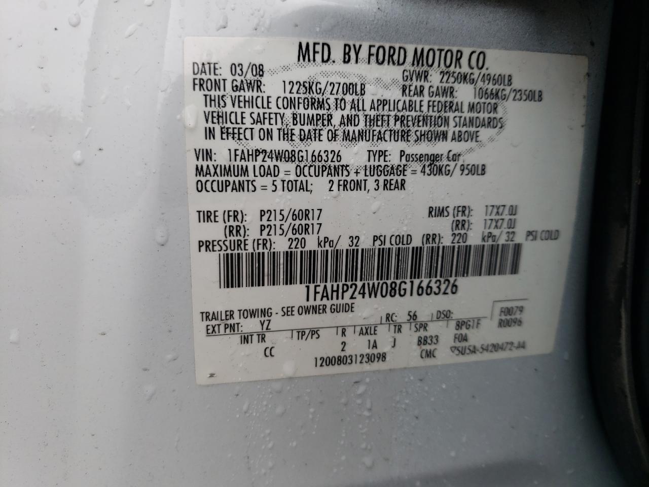 Photo 10 from auction – 2008 FORD TAURUS SEL with VIN 1FAHP24W08G166326