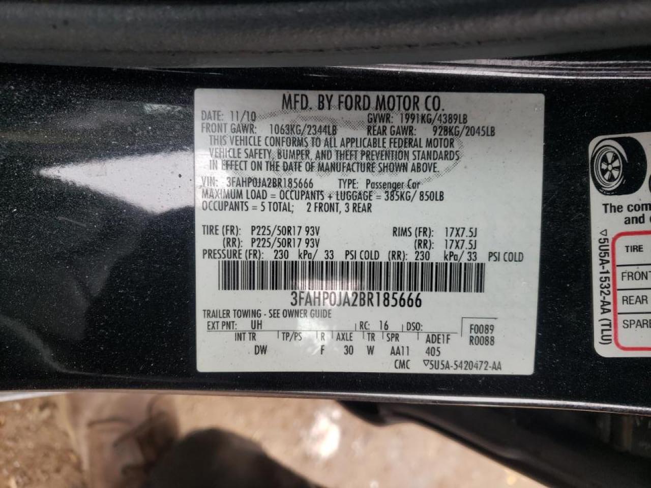 Photo 10 from auction – 2011 FORD FUSION SE with VIN 3FAHP0JA2BR185666