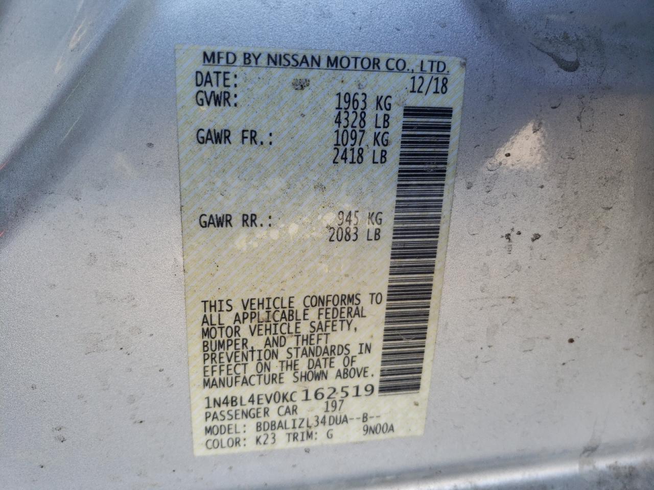 Photo 10 from auction – 2019 NISSAN ALTIMA SL with VIN 1N4BL4EV0KC162519
