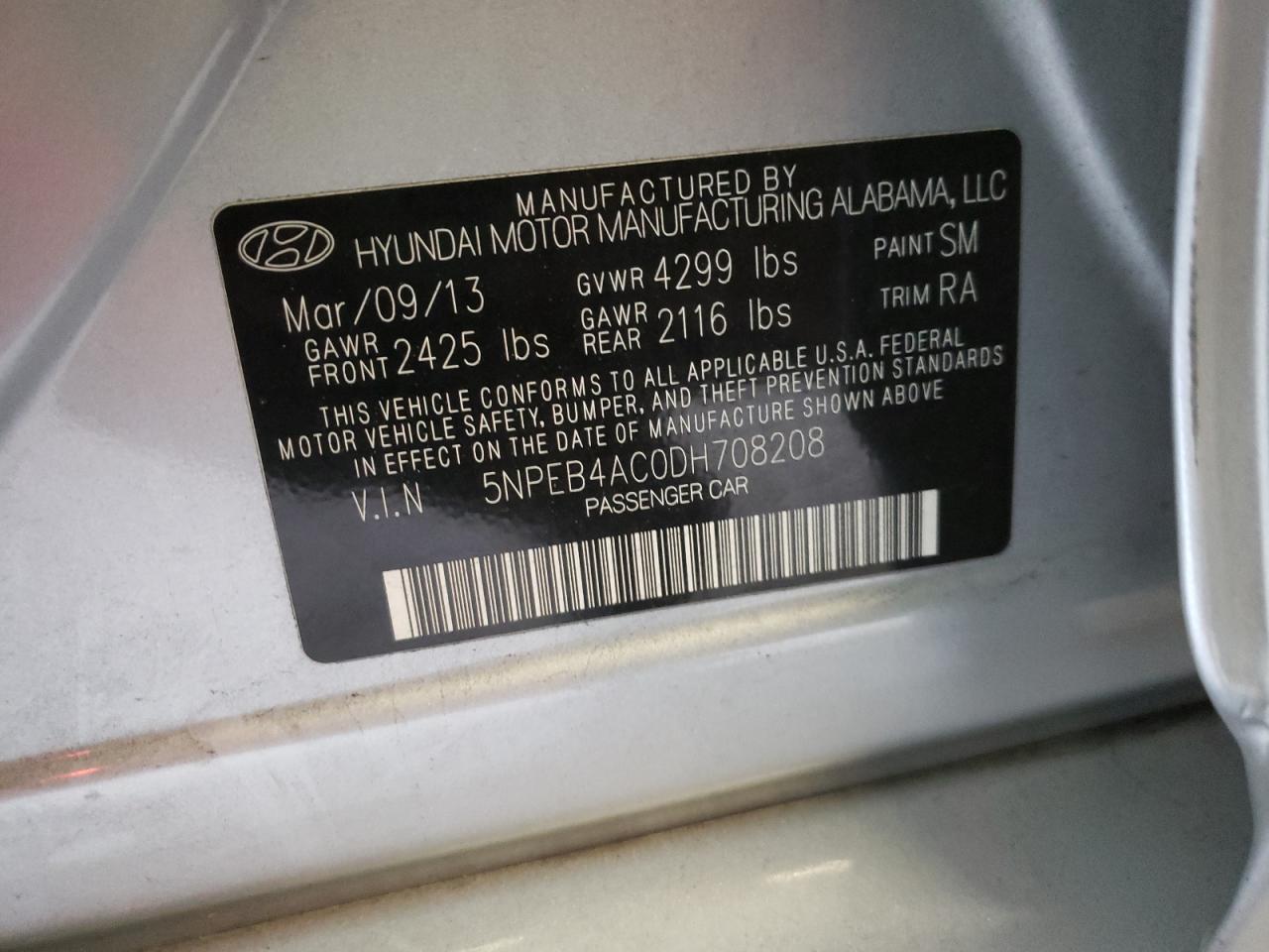 Photo 10 from auction – 2013 HYUNDAI SONATA GLS with VIN 5NPEB4AC0DH708208