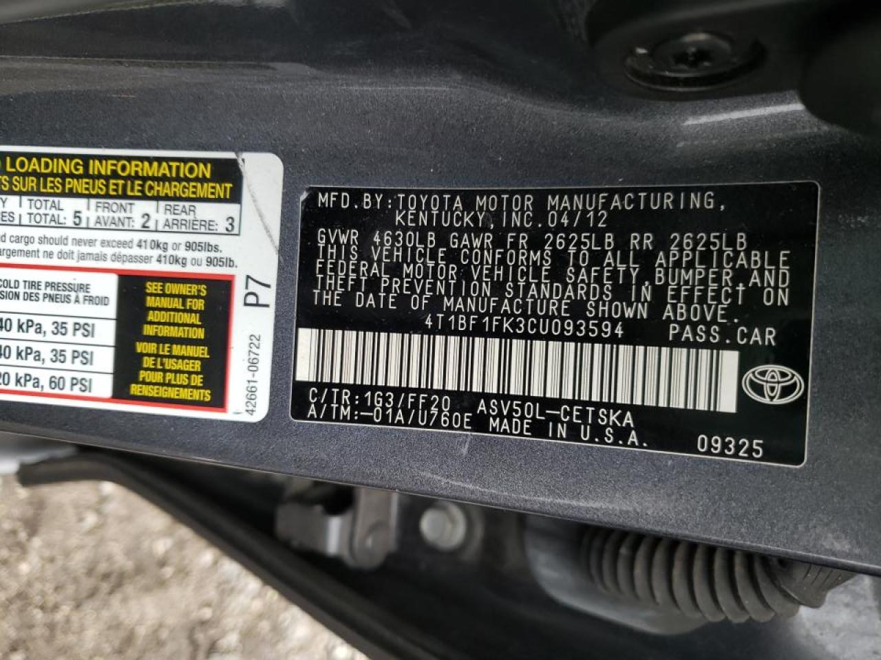 Photo 10 from auction – 2012 TOYOTA CAMRY BASE with VIN 4T1BF1FK3CU093594