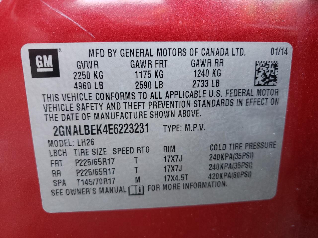 Photo 10 from auction – 2014 CHEVROLET EQUINOX LT with VIN 2GNALBEK4E6223231