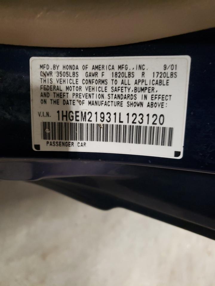 Photo 10 from auction – 2001 HONDA CIVIC SI with VIN 1HGEM21931L123120