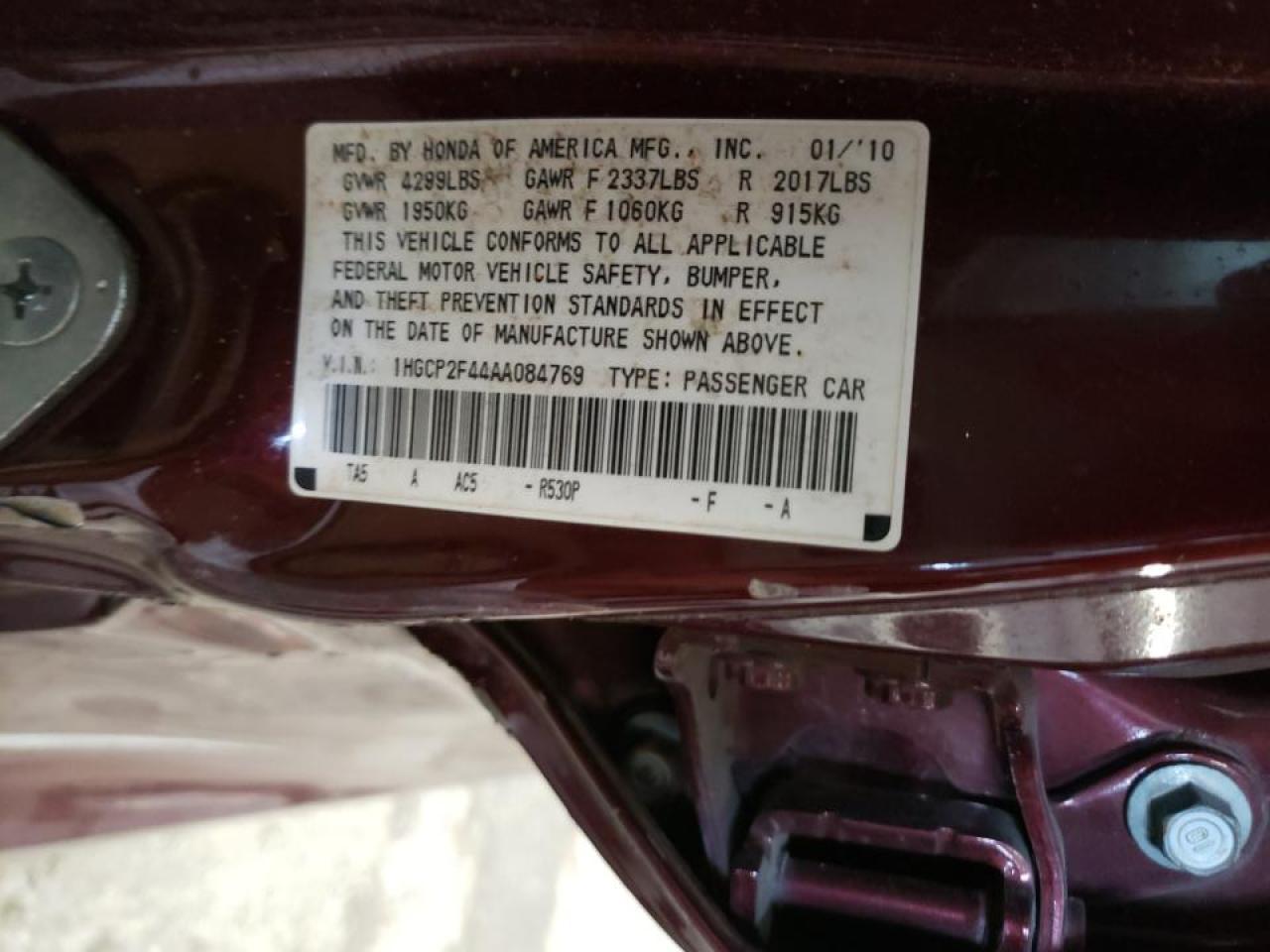 Photo 10 from auction – 2010 HONDA ACCORD LXP with VIN 1HGCP2F44AA084769