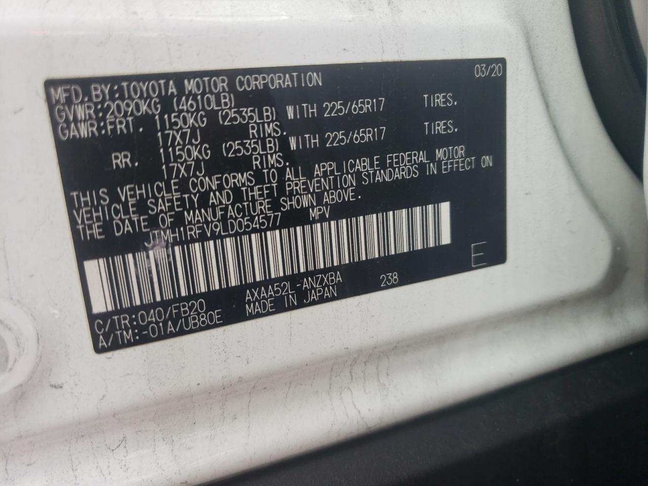 Photo 10 from auction – 2020 TOYOTA RAV4 LE with VIN JTMH1RFV9LD054577