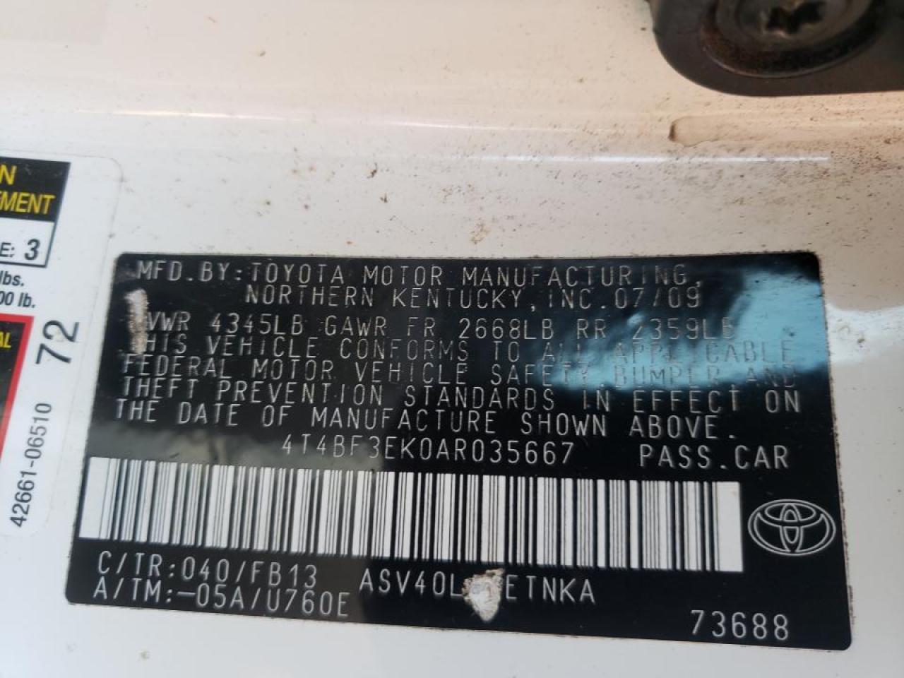 Photo 10 from auction – 2010 TOYOTA CAMRY BASE with VIN 4T4BF3EK0AR035667
