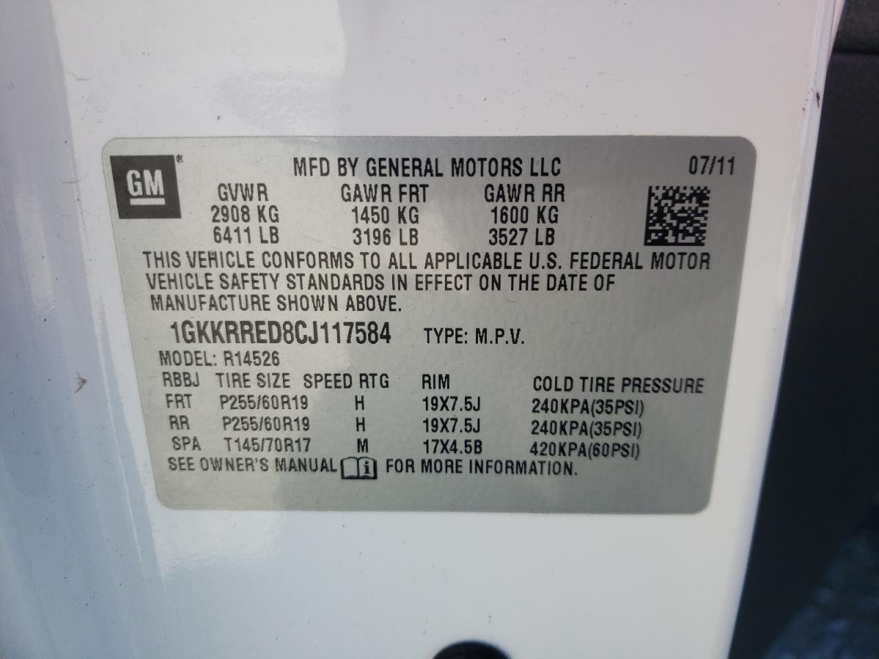 Photo 10 from auction – 2012 GMC ACADIA SLT with VIN 1GKKRRED8CJ117584