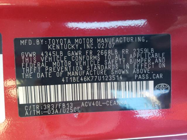 Photo 10 from auction – 2007 TOYOTA CAMRY CE with VIN 4T1BE46K77U123514