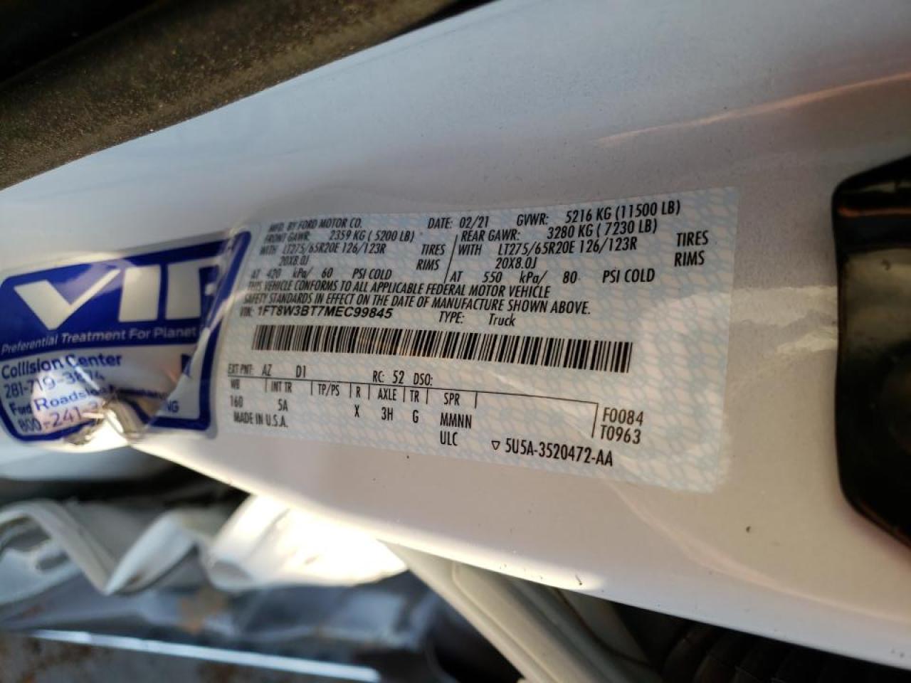 Photo 10 from auction – 2021 FORD F350 SUPER with VIN 1FT8W3BT7MEC99845
