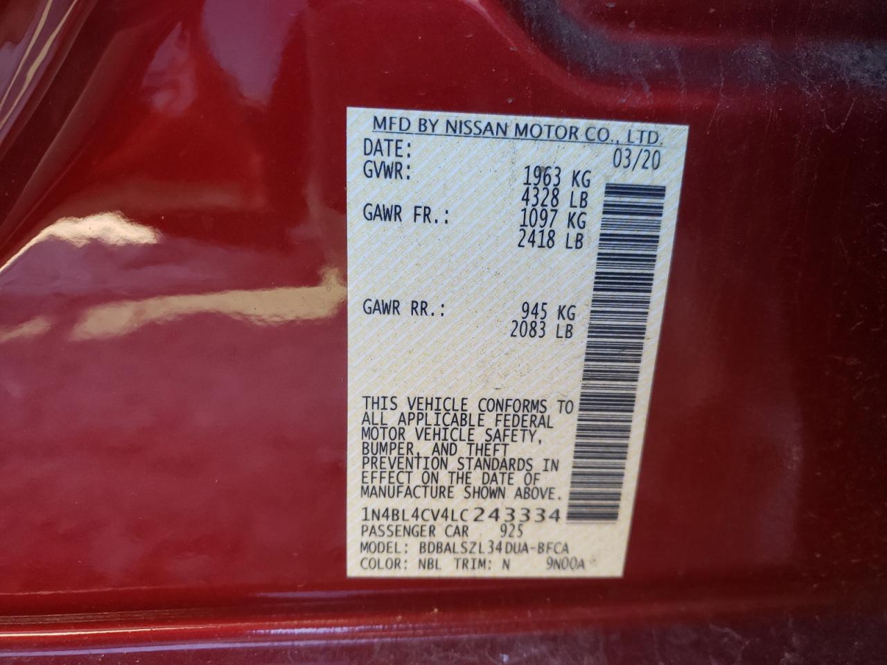 Photo 10 from auction – 2020 NISSAN ALTIMA SR with VIN 1N4BL4CV4LC243334