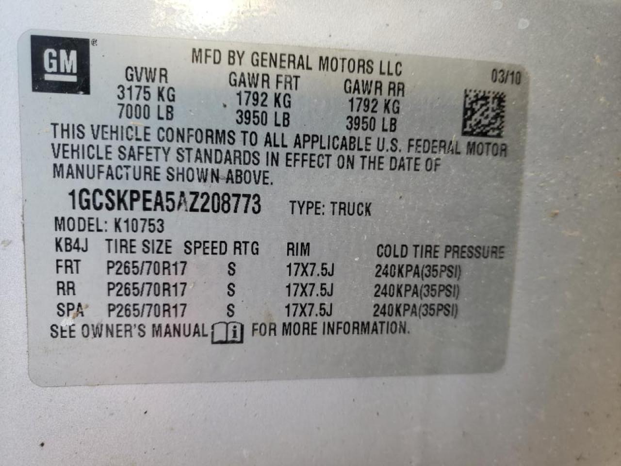 Photo 10 from auction – 2010 CHEVROLET SILVERADO with VIN 1GCSKPEA5AZ208773