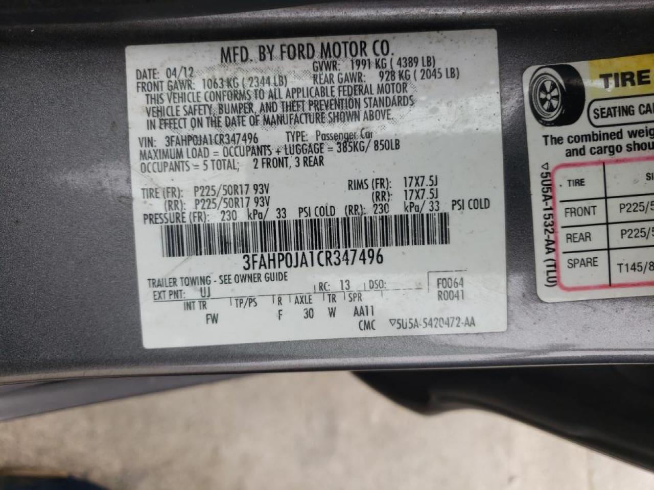 Photo 10 from auction – 2012 FORD FUSION SEL with VIN 3FAHP0JA1CR347496