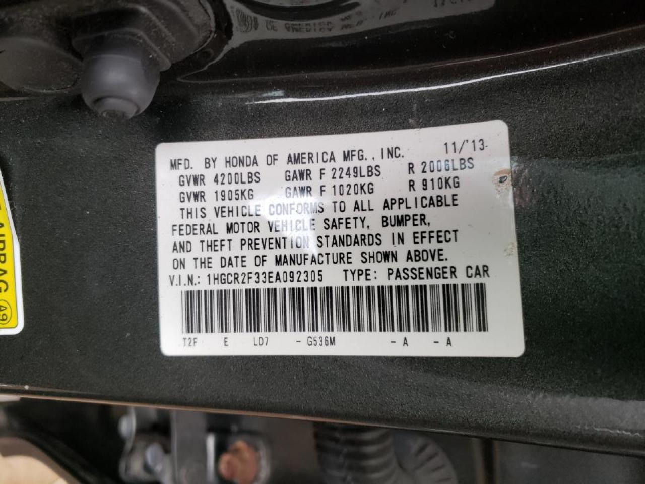 Photo 10 from auction – 2014 HONDA ACCORD LX with VIN 1HGCR2F33EA092305