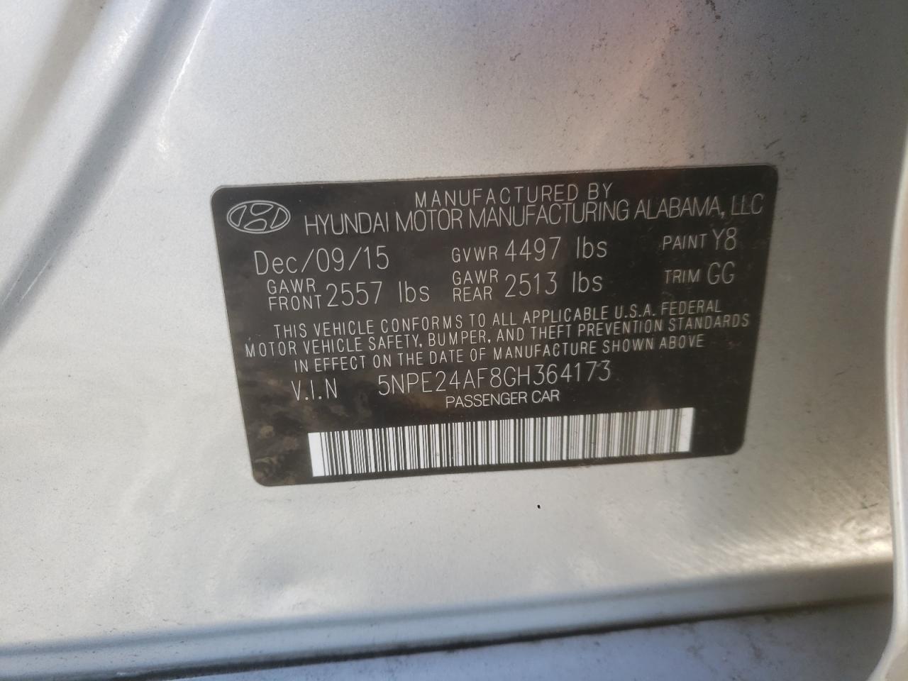 Photo 10 from auction – 2016 HYUNDAI SONATA SE with VIN 5NPE24AF8GH364173