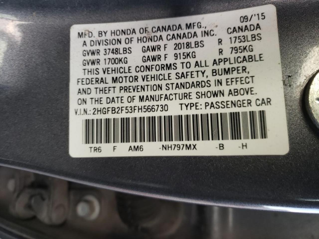Photo 10 from auction – 2015 HONDA CIVIC LX with VIN 2HGFB2F53FH566730