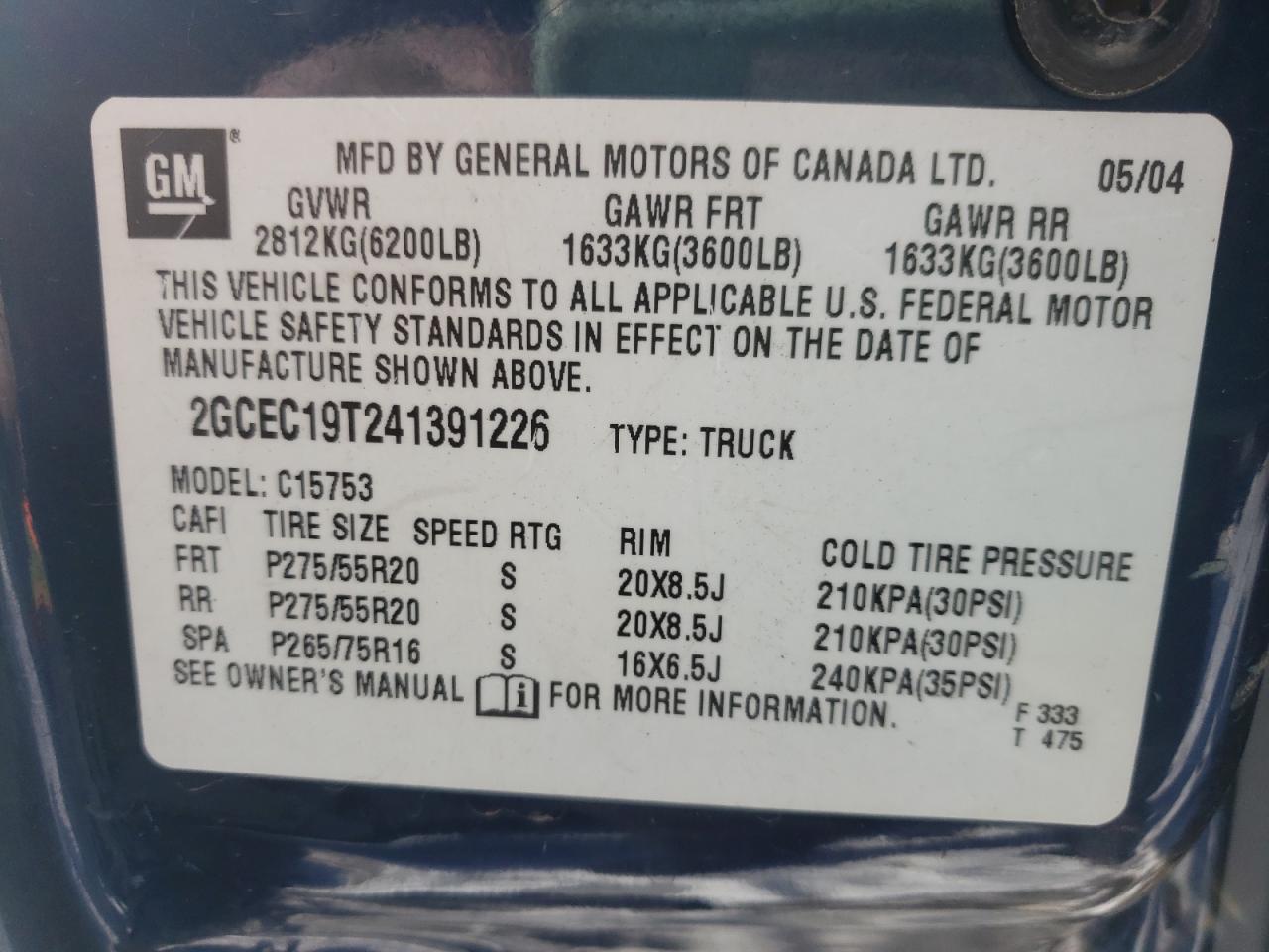 Photo 10 from auction – 2004 CHEVROLET SILVERADO with VIN 2GCEC19T241391226
