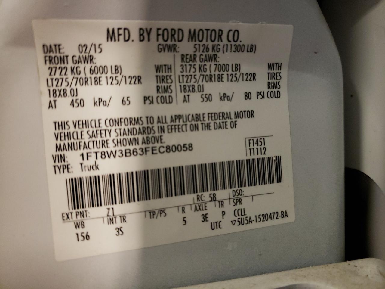 Photo 10 from auction – 2015 FORD F350 SUPER with VIN 1FT8W3B63FEC80058