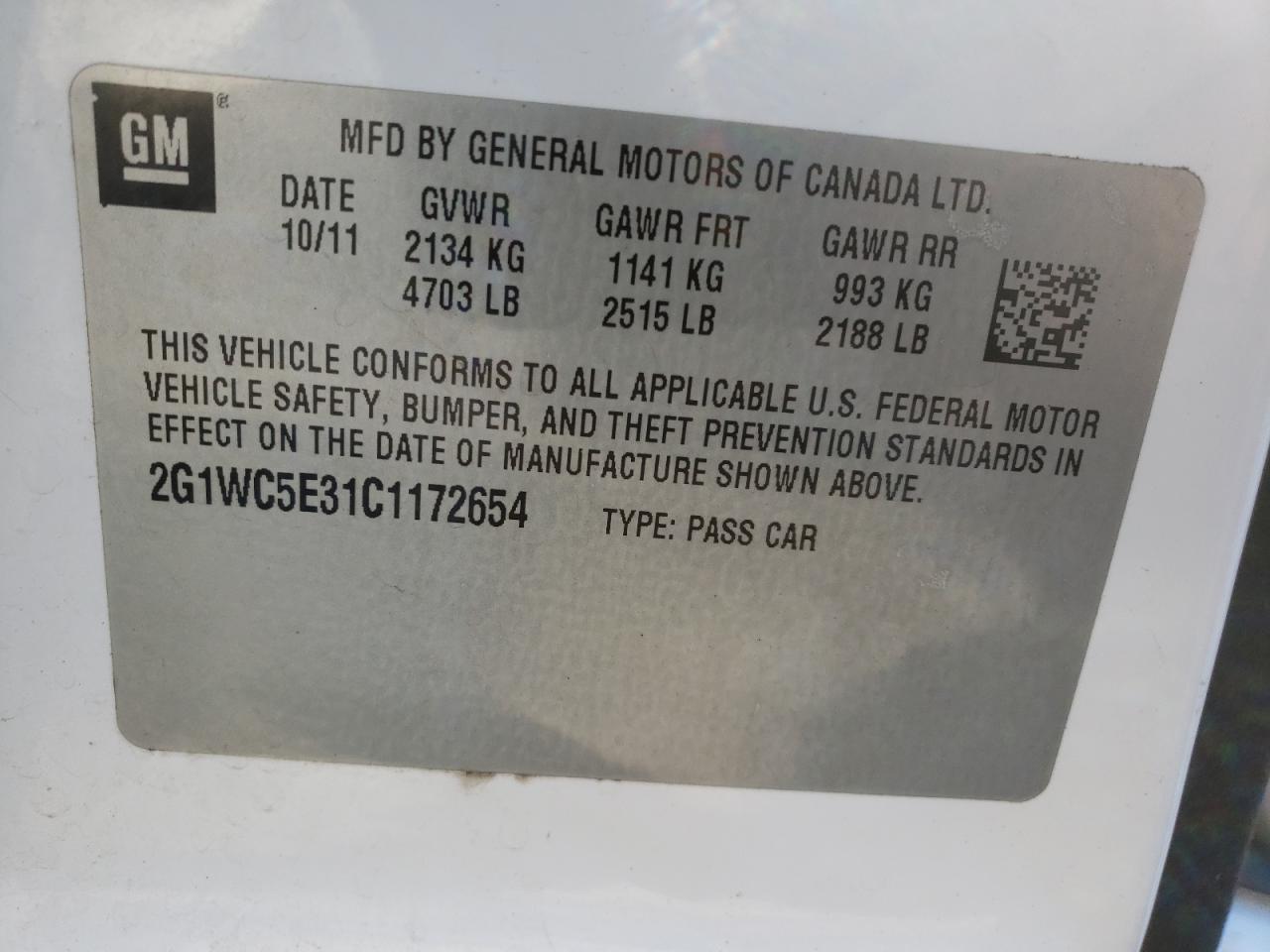 Photo 10 from auction – 2012 CHEVROLET IMPALA LTZ with VIN 2G1WC5E31C1172654