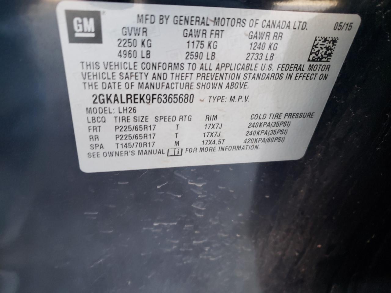 Photo 10 from auction – 2015 GMC TERRAIN SL with VIN 2GKALREK9F6365680