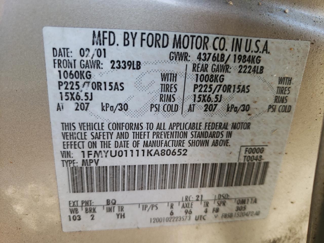 Photo 10 from auction – 2001 FORD ESCAPE with VIN 1FMYU01111KA80652