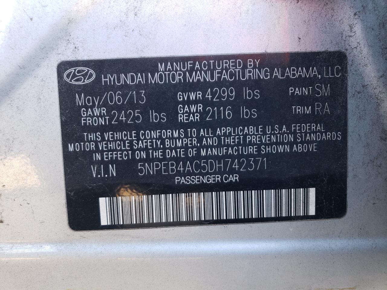 Photo 10 from auction – 2013 HYUNDAI SONATA GLS with VIN 5NPEB4AC5DH742371