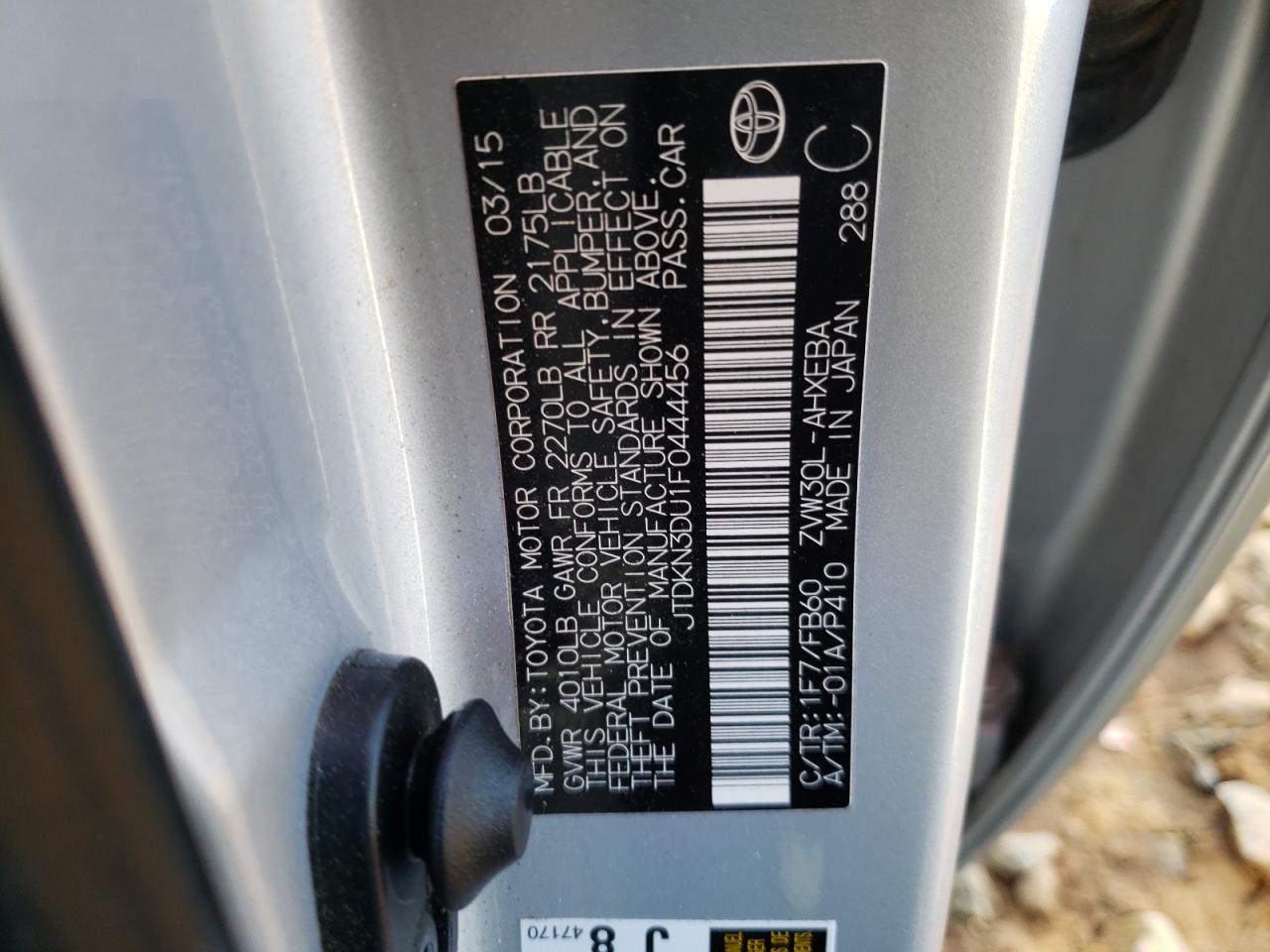 Photo 10 from auction – 2015 TOYOTA PRIUS with VIN JTDKN3DU1F0444456