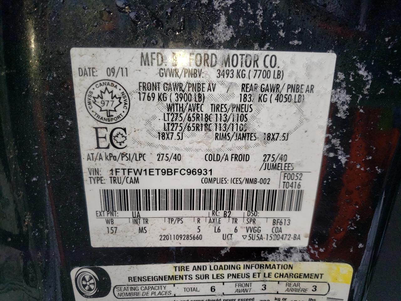Photo 10 from auction – 2011 FORD F150 SUPER with VIN 1FTFW1ET9BFC96931