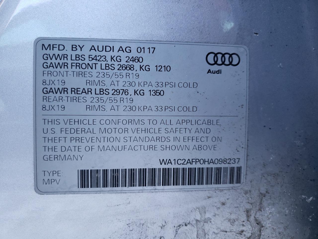 Photo 10 from auction – 2017 AUDI Q5 PREMIUM with VIN WA1C2AFP0HA098237