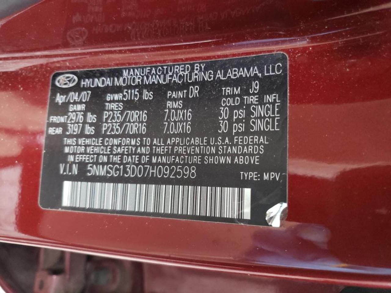 Photo 10 from auction – 2007 HYUNDAI SANTA FE G with VIN 5NMSG13D07H092598