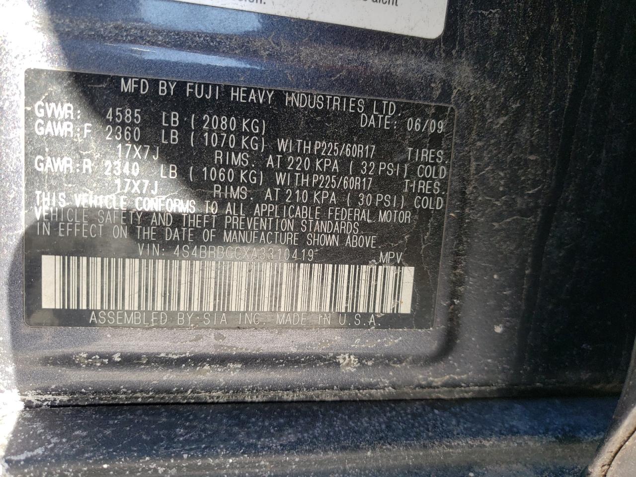 Photo 10 from auction – 2010 SUBARU OUTBACK 2. with VIN 4S4BRBGCXA3310419