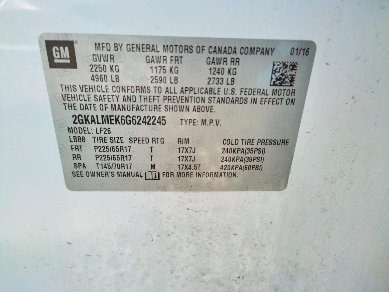 Photo 10 from auction – 2016 GMC TERRAIN SL with VIN 2GKALMEK6G6242245
