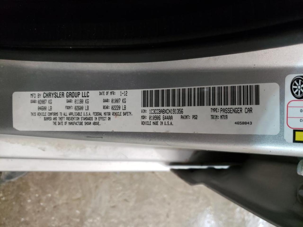 Photo 10 from auction – 2012 CHRYSLER 200 LX with VIN 1C3CCBABXCN191356