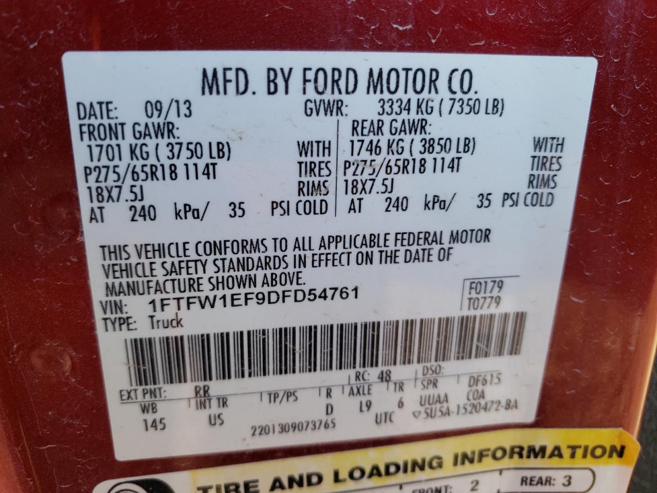 Photo 10 from auction – 2013 FORD F150 SUPER with VIN 1FTFW1EF9DFD54761