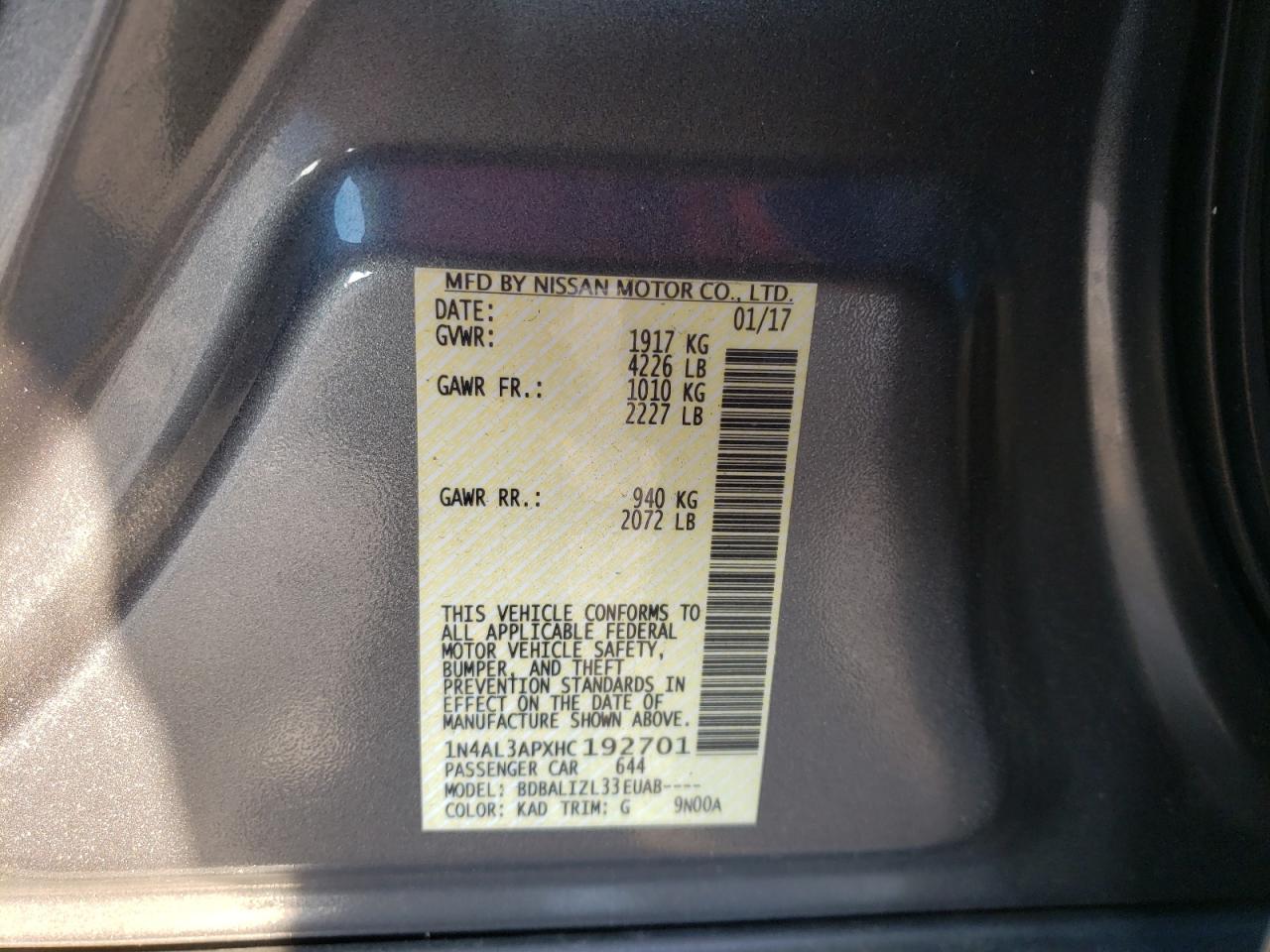 Photo 10 from auction – 2017 NISSAN ALTIMA 2.5 with VIN 1N4AL3APXHC192701